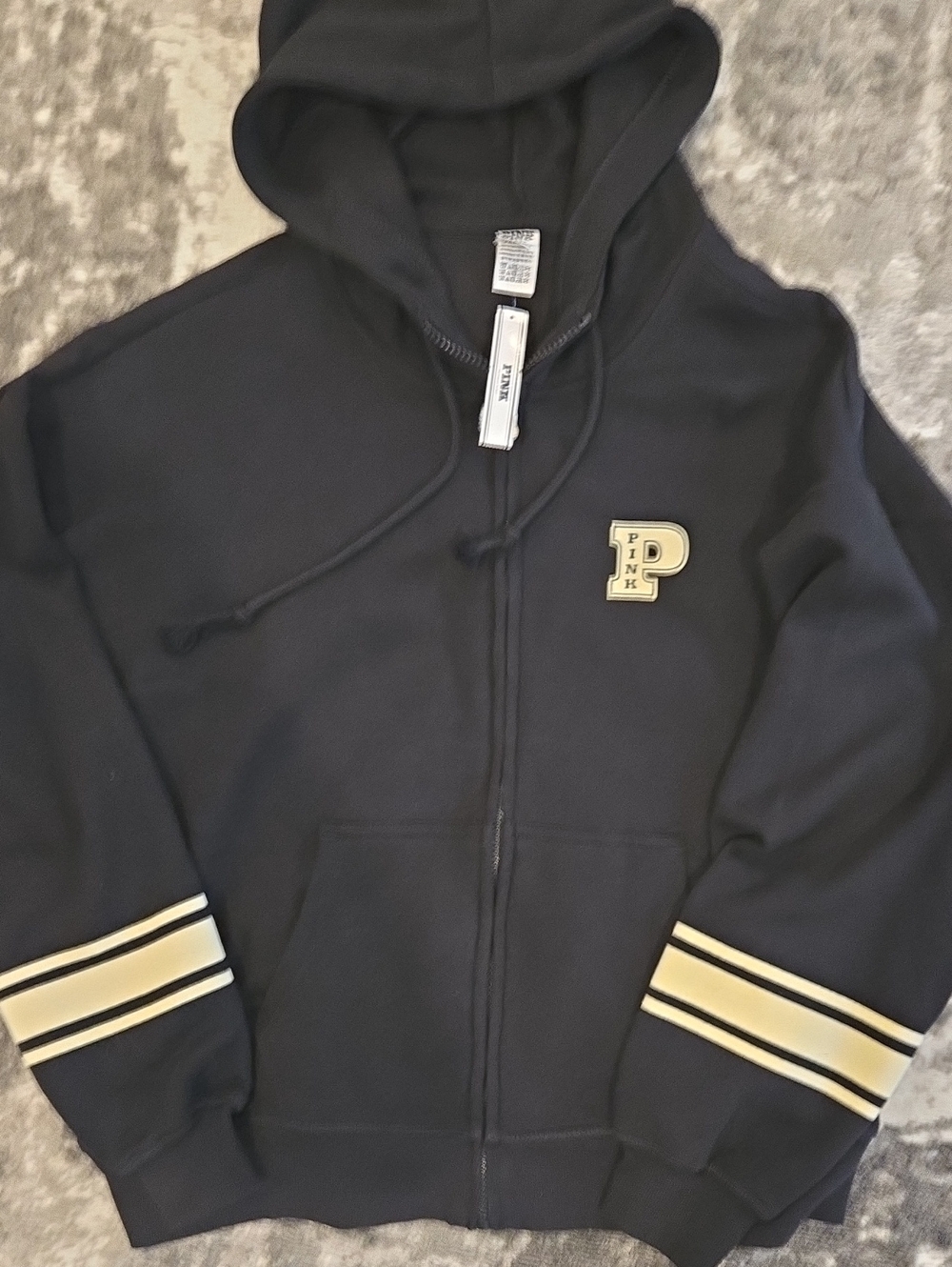 PINK Victoria's Secret Black Zip Hoodie with Cream Stripe Accents